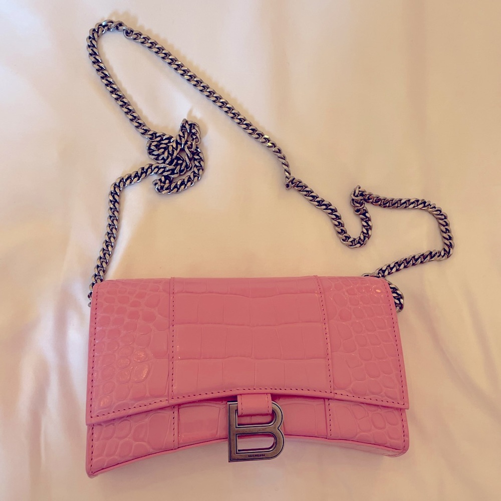 Balenciaga croc-embossed Calfskin hourglass Wallet on Chain Pink